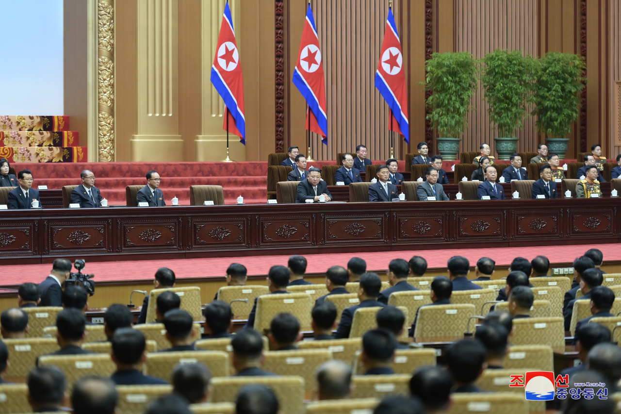 Senior North Korean officials take part in a meeting at the Mansudae Assembly Hall in Pyongyang on Monday, to mark the 50th anniversary the next day of the promulgation of the country's Socialist Constitution, with North Korean leader Kim Jong-un in attendance. (KCNA)