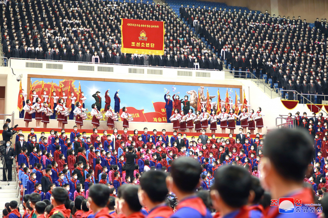 Representatives of the Korean Children's Union under North Korea's ruling Workers' Party attend the ninth general meeting of the North Korean children's body in Pyongyang on Monday. The KCU, formed in 1946, is a youth organization composed of children aged around 7 to 13, with its members known for wearing red neckerchiefs. (KCNA)