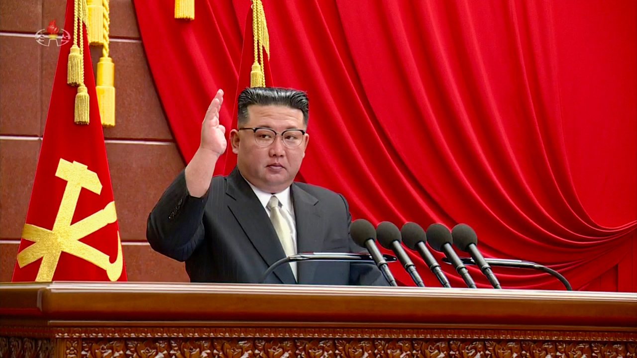 North Korean leader Kim Jong-un attends the sixth enlarged meeting of the eighth Central Committee of the Workers' Party of Korea in Pyongyang on Monday, to discuss next year's policy direction, in this captured footag. (North's Korean Central Television)