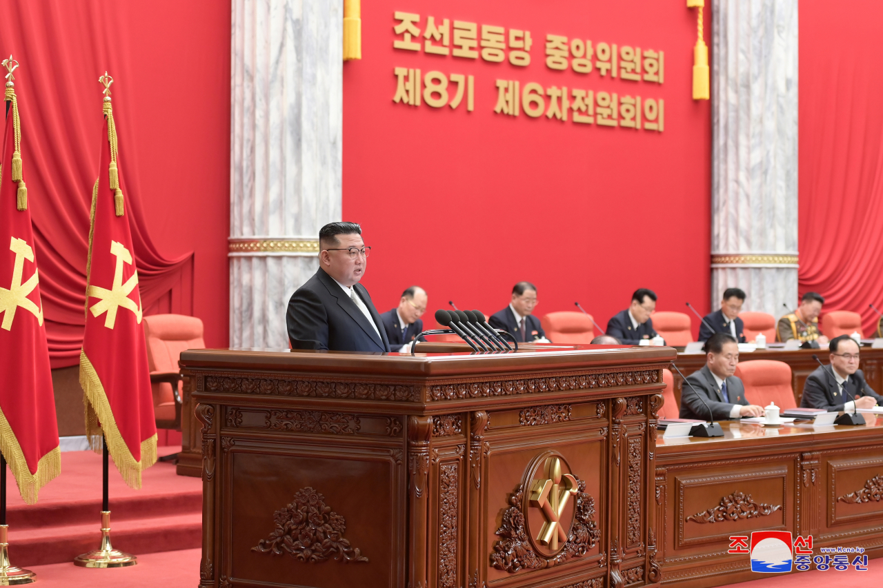 North Korean leader Kim Jong-un attends the sixth enlarged meeting of the eighth Central Committee of the Workers' Party of Korea in Pyongyang on Monday to discuss next year's policy direction (the North's official Korean Central News Agency)