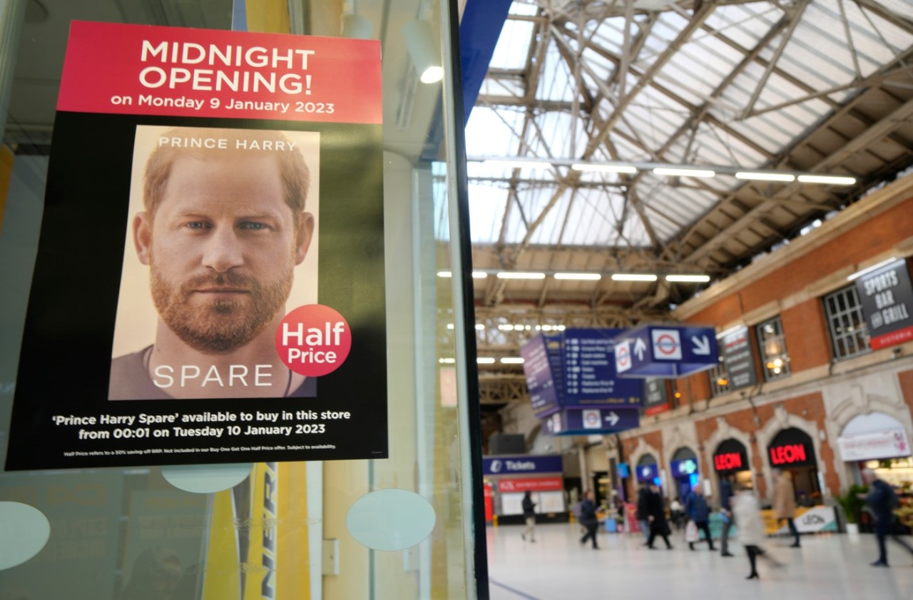 A poster advertises the midnight opening of a store to sell the new book by Prince Harry called 'Spare' in London, Monday, Jan. 9, 2023. (AP-Yonhap)