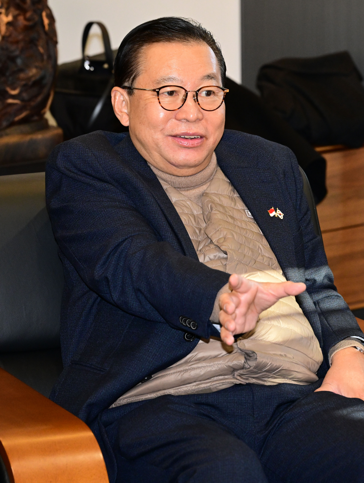Gandi Sulistiyanto, Indonesian ambassador to South Korea, speaks in an interview with The Korea Herald at the Herald Corp. headquarters in central Seoul on Monday. (Park Hae-mook/The Korea Herald)