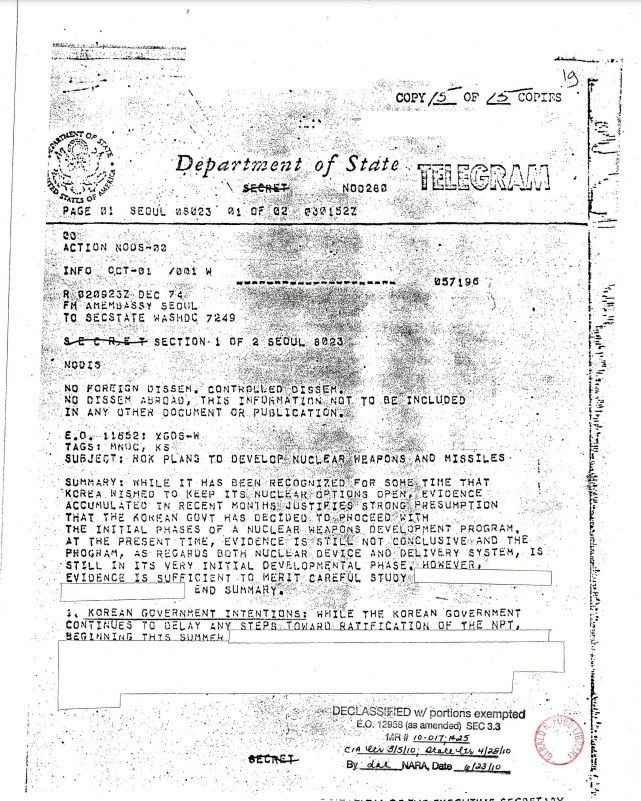 An image of a declassified US document containing intelligence on South Korea's clandestine nuclear project in the 70s.