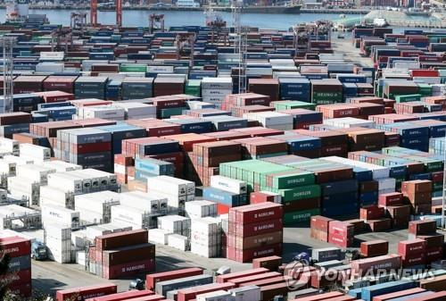 This file photo taken Jan. 10, 2023, shows containers at a port in Busan, 325 kilometers southeast of Seoul. (Yonhap)