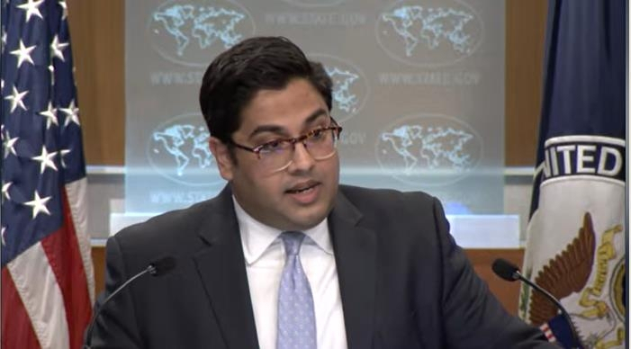 Vedant Patel, principal deputy spokesperson for the US state department, is seen answering questions during a daily press briefing at the department in Washington on Thursday. (US Department of State)