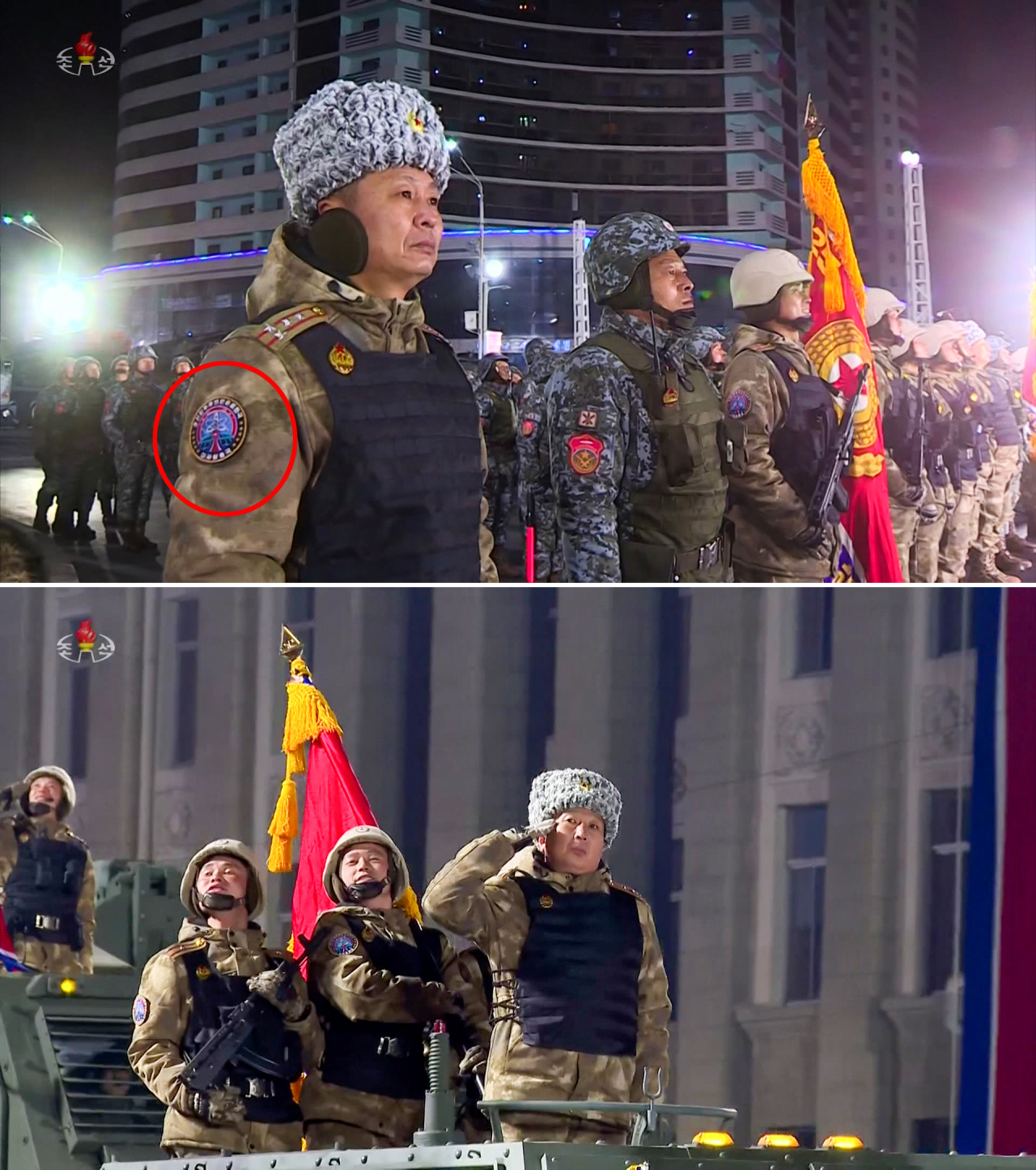 This captured image last Friday shows troops apparently belonging to the Missile General Bureau who participated in a military parade held the previous day at Kim Il Sung Square. (North Korea's Korean Central Television)