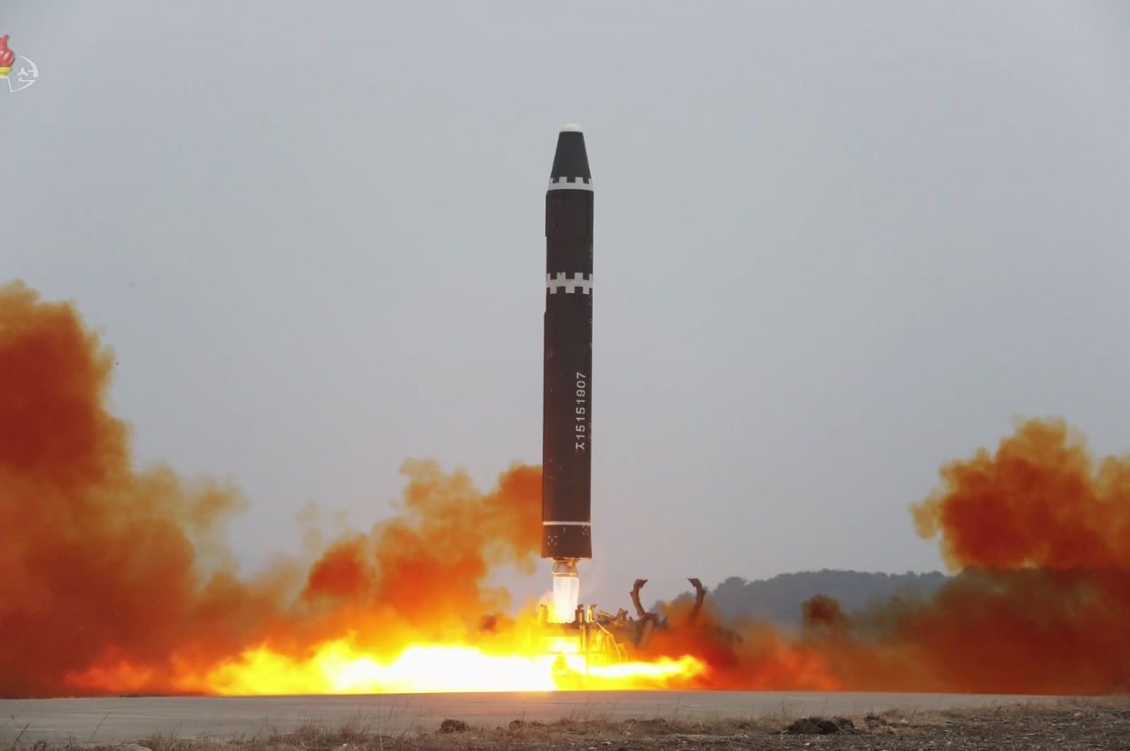 North Korea fired a Hwasong-15 intercontinental ballistic missile on a lofted angle from the international airport in Pyongyang on Saturday after threatening to take strong measures against upcoming military drills by South Korea and the US. The missile landed in the East Sea. (KCNA-Yonhap)