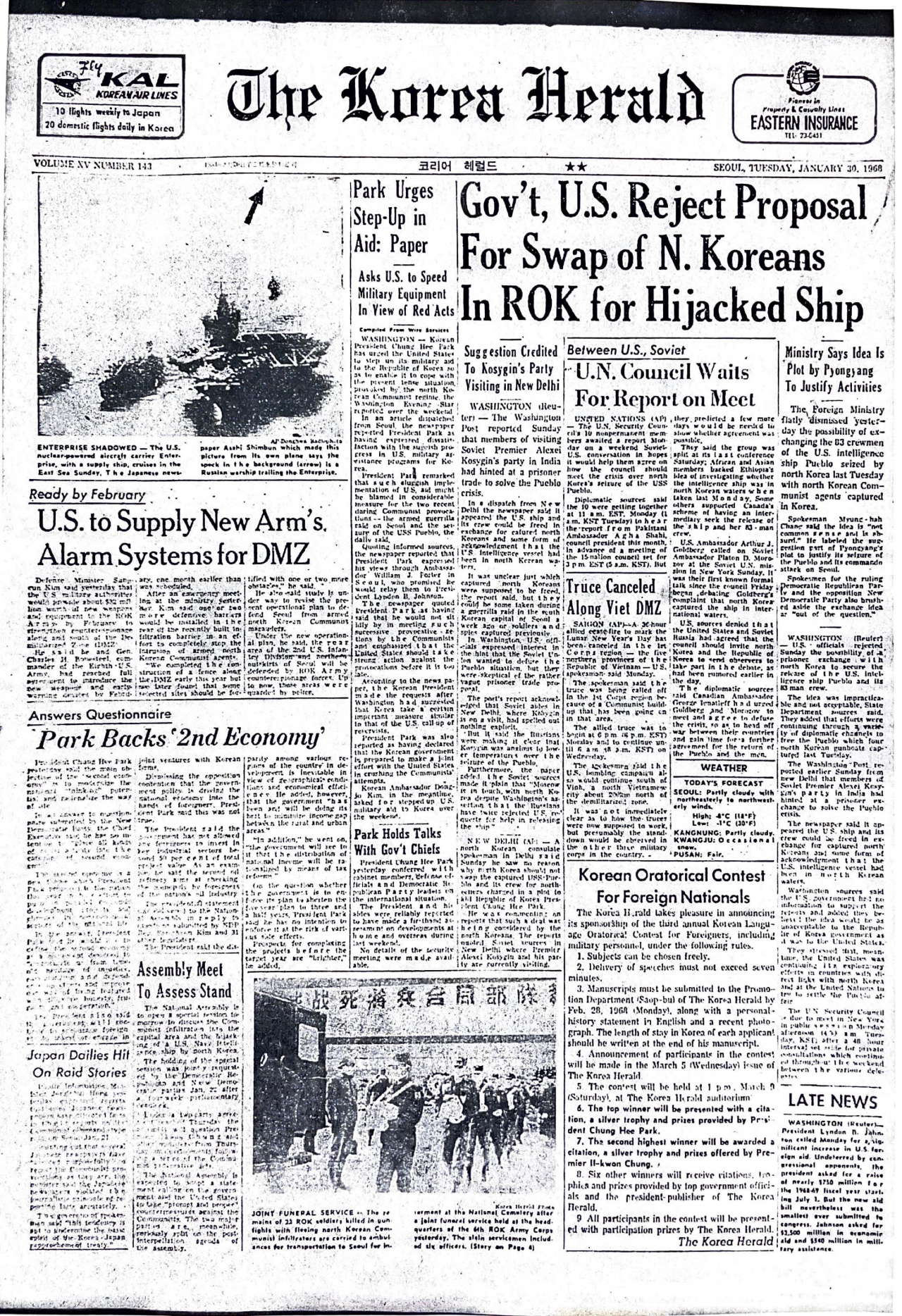 The top story for this Jan. 30, 1968 issue of The Korea Herald says that South Korea and the US governments refused Pyongyang's proposal, which was to exchange the USS Pueblo and its crew for the North Korean agents who had been captured in the South. (The Korea Herald)
