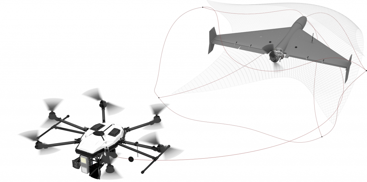 Concept image of Fortem Technologies' drone catching an enemy aircraft with a net (Hanwha Aerospace)