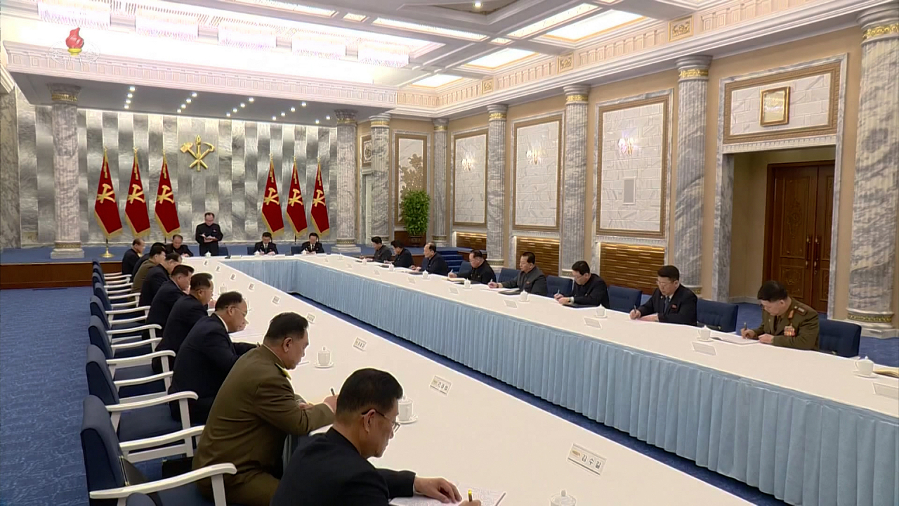This image shows the North holding a politburo meeting of the ruling Workers' Party of Korea the previous day. It decided to hold a party plenary meeting late this month to discuss agricultural issues. (KCNA)
