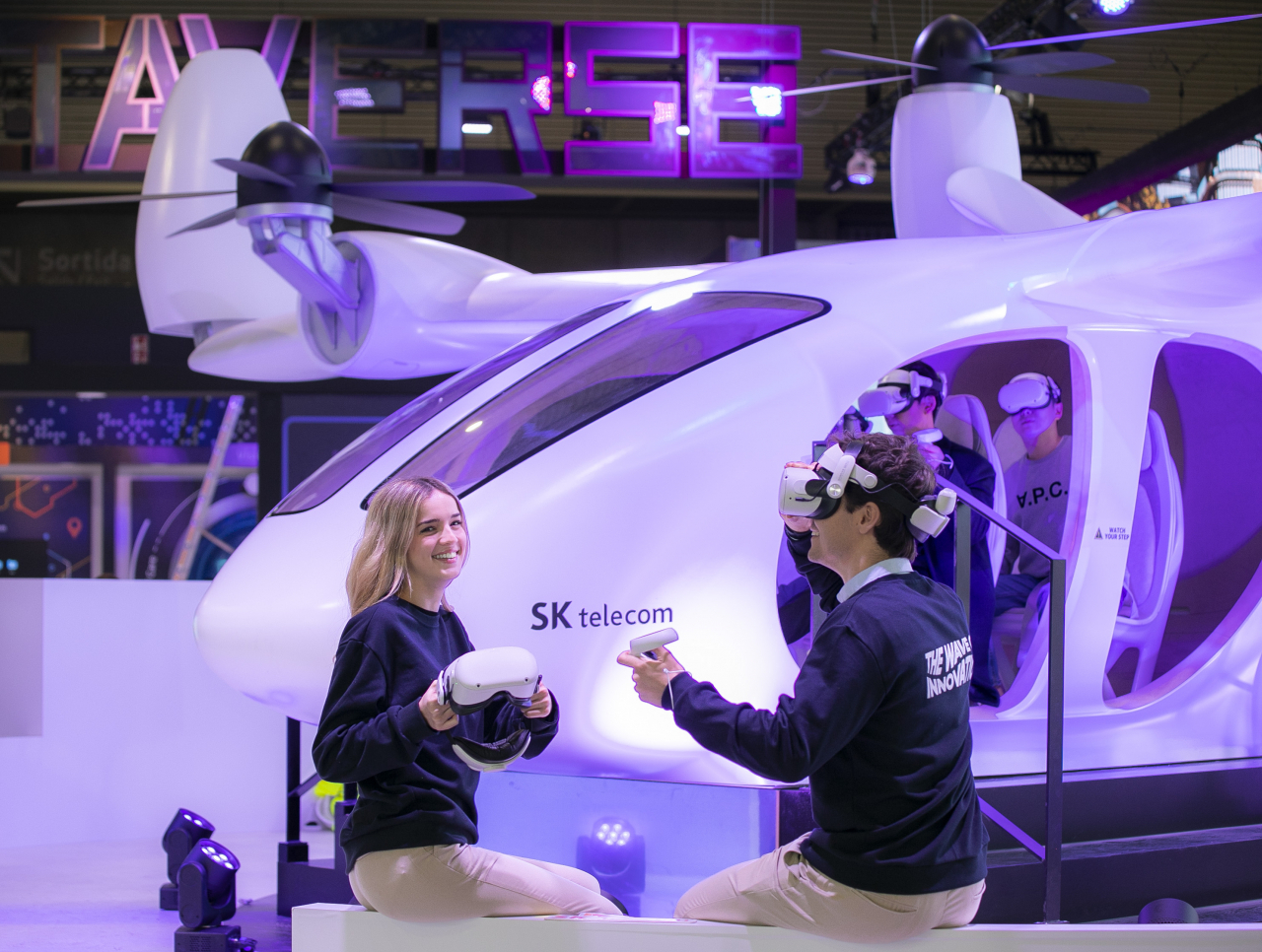 Virtual reality devices are displayed at an SK Telecom showroom set up at this year's Mobile World Congress in Barcelona, Spain. (SK Telecom)