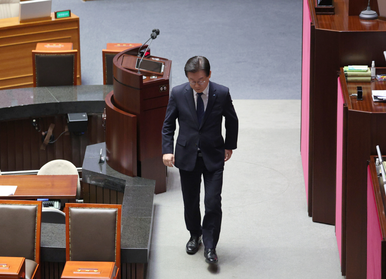 Democratic Party of Korea leader Rep. Lee Jae-myung appears at the National Assembly plenary session on Monday. (Yonhap)