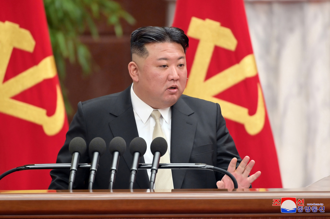 This photo shows the North's leader Kim Jong-un speaking at the second-day session of a plenary meeting of the ruling Workers' Party of Korea over agriculture the previous day. (KCNA)