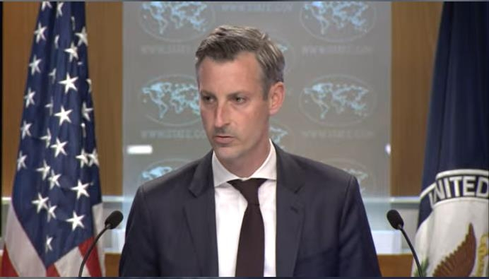 State Department Press Secretary Ned Price is seen answering a question during a daily press briefing at the department in Washington on Monday in this captured image. (US Department of State)