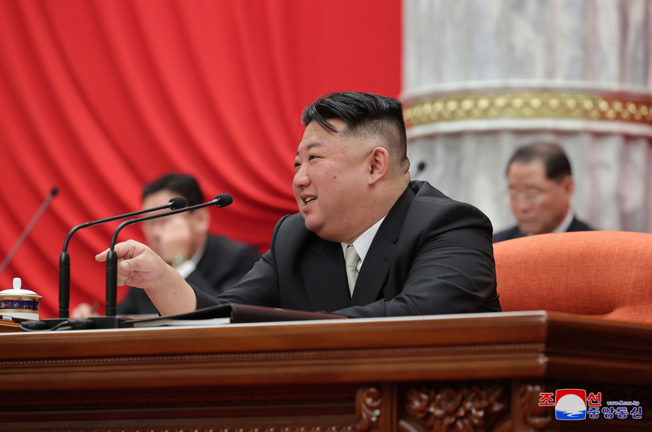 North Korean leader Kim Jong-un speaks during a plenary meeting of the ruling Workers' Party's Central Committee on its second day in Pyongyang on Monday, to discuss rural issues. (KCNA)
