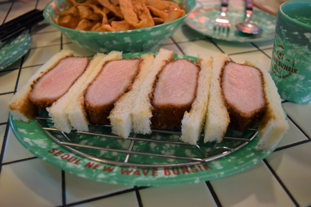 Dontkatsu sando, pork cutlet sandwiches at Dosan Bunsik (Kim Hae Yeon/ The Korea Herald)