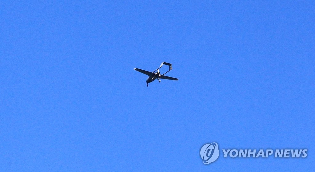 A South Korean drone flies over a coastal area of the East Sea on Jan. 5, as part of the military's anti-drone drills. (Yonhap)