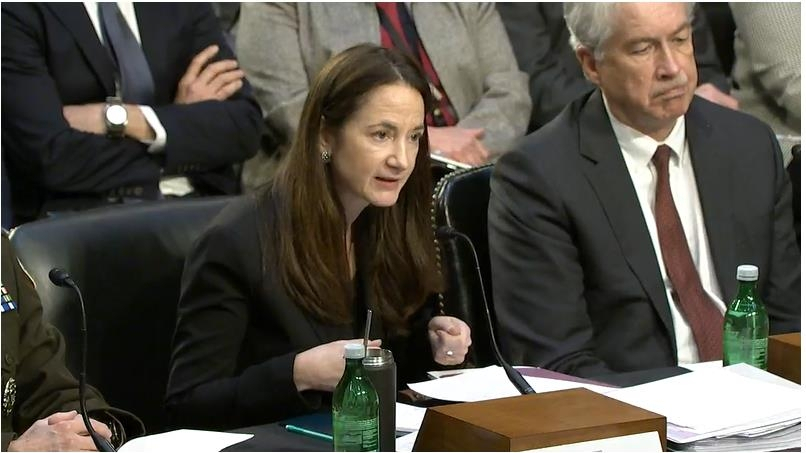 Avril Haines, director of national intelligence (left), is seen speaking during a Senate intelligence committee hearing in Washington on Wednesday on the release of the 2023 Annual Threat Assessment report in this captured image. (Yonhap)