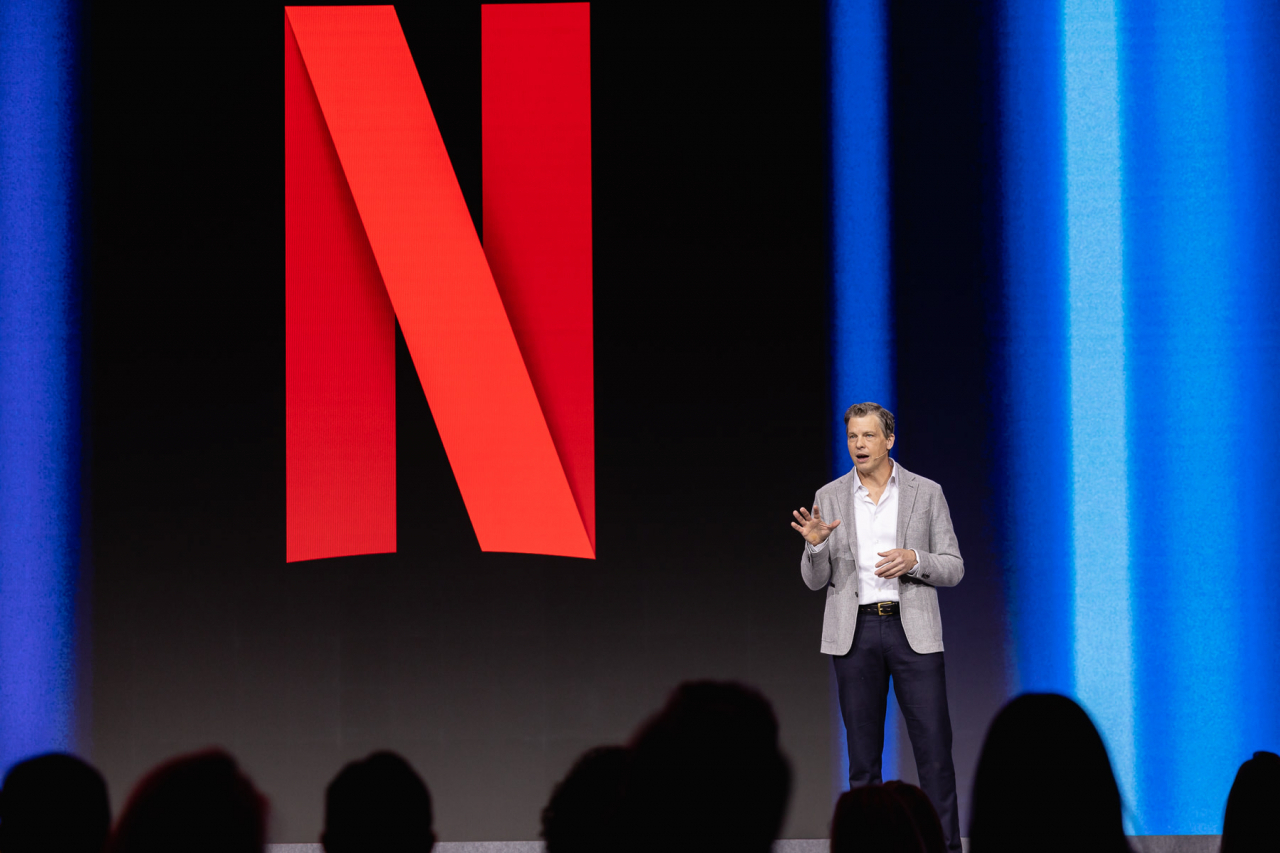 Greg Peters, co-CEO of Netflix, speaks at the Mobile World Congress 2023 on Feb. 28, in Barcelona, Spain (Yonhap)