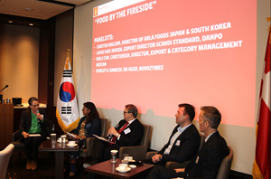 Representatives of Danish food companies participate in a panel discussion on the private sector’s efforts for sustainable food production at the Shilla Seoul in Jung-gu, Seoul on Thursday. (Danish Embassy in Seoul)