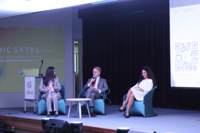 Panelists discuss the gender gap at the 11th Nordic Talks Korea held at Seoul Startup Hub on March 8. (Danish Embassy in Seoul)