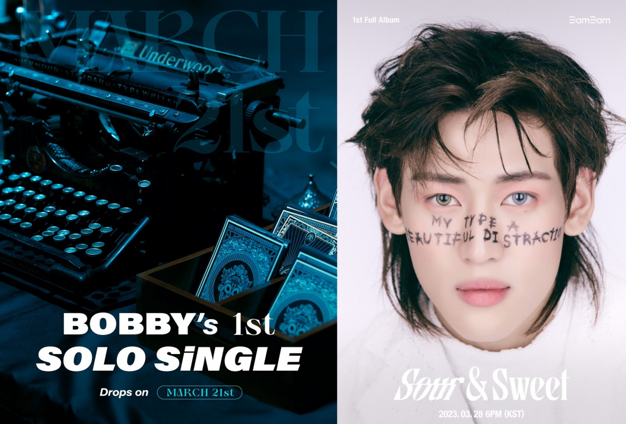 (L) Poster of Bobby's first solo single (143 Entertainment) / (R) Poster of BamBam's first solo LP 