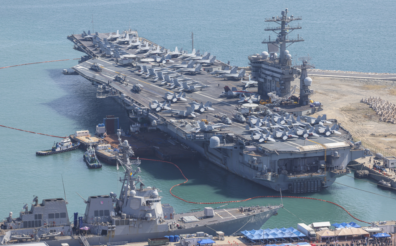 The US Navy nuclear-powered aircraft carrier USS Nimitz makes a call at a naval base in the port city of Busan, 325 kilometers southeast of Seoul, on March 28, 2023, in yet another show of America's military might against growing North Korean threats. (Yonhap)