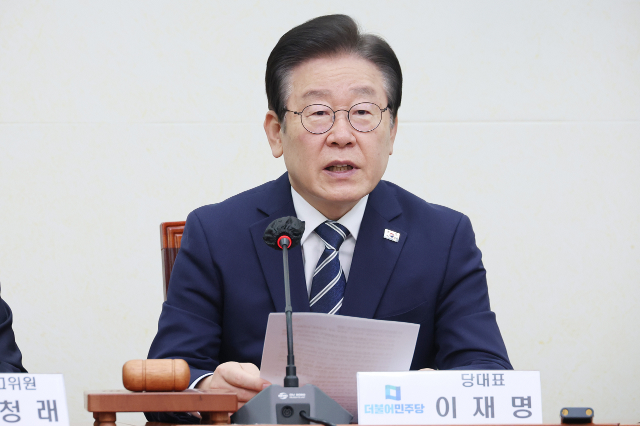 Democratic Party of Korea head Rep. Lee Jae-myung speaks during a meeting Wednesday at the National Assembly in Seoul. (Yonhap)