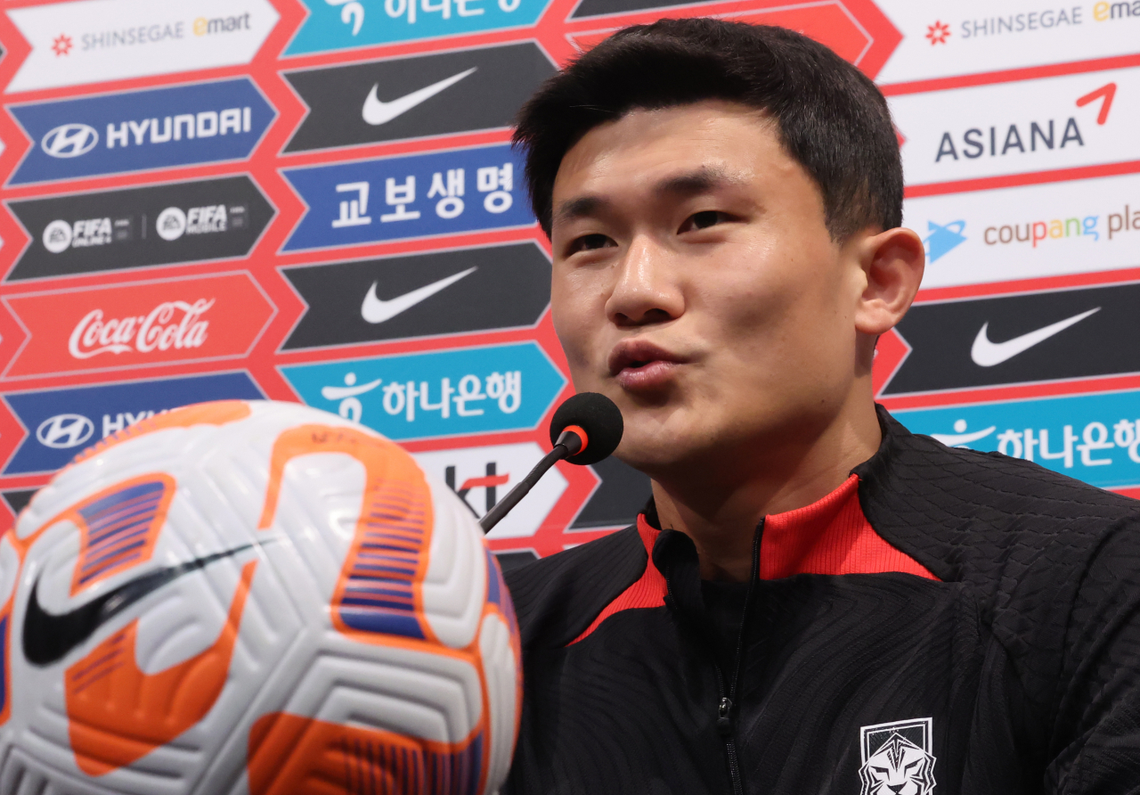 Kim Min-jae, who plays as a center-back for South Korea's national team, speaks at a press conference held last Monday in Paju, Gyeonggi Province, ahead of a friendly match against Uruguay. (Yonhap)