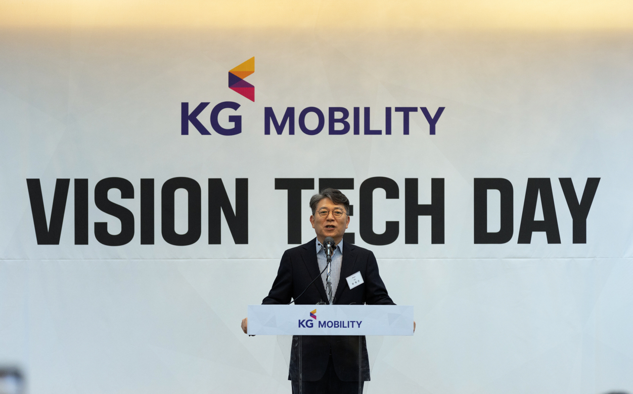 KG Mobility Chairman speaks during a press conference at Kintex in Ilsan, Gyeonggi Province, on Tuesday. (KG Mobility)