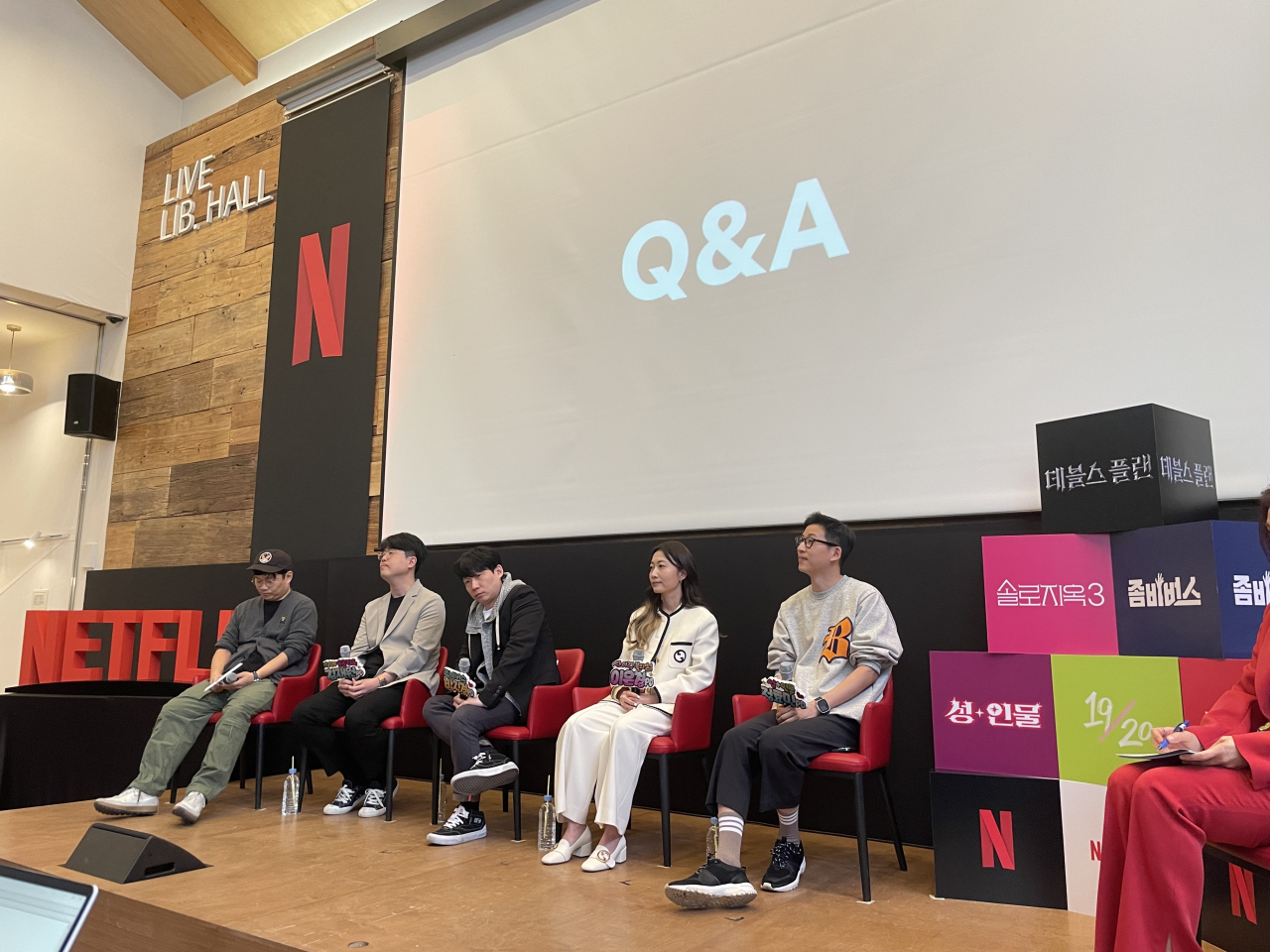 Producers of Netflix Korea’s reality shows answer questions during a press conference held in Seoul, Tuesday. (Kim Da-sol/The Korea Herald)