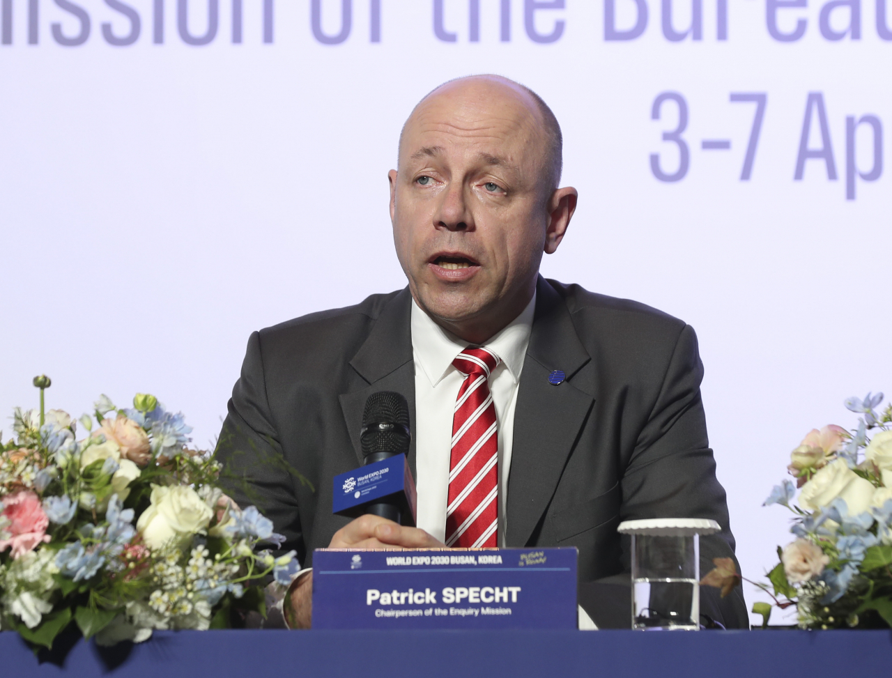 Patrick Specht, president of the Bureau International des Expositions Administration and Budget Committee, speaks during a press conference held in Signiel Busan Thursday. (Yonhap)