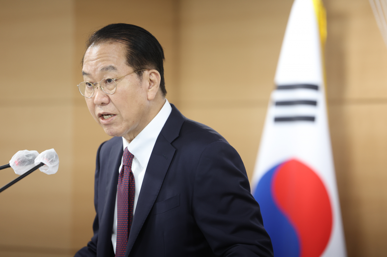 South Korean Unification Minister Kwon Young-se gives a statement against North Korea at the government complex in Seoul on April 11, 2023. He expressed strong regret over the North's refusal to answer daily calls via an inter-Korean liaison line and a military hotline and 