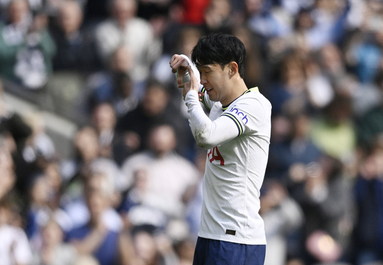 Son Heung-min of Tottenham Hotspur celebrates his goal against AFC Bournemouth during a Premier League match at Tottenham Hotspur Stadium in London on Saturday. (Reuters )