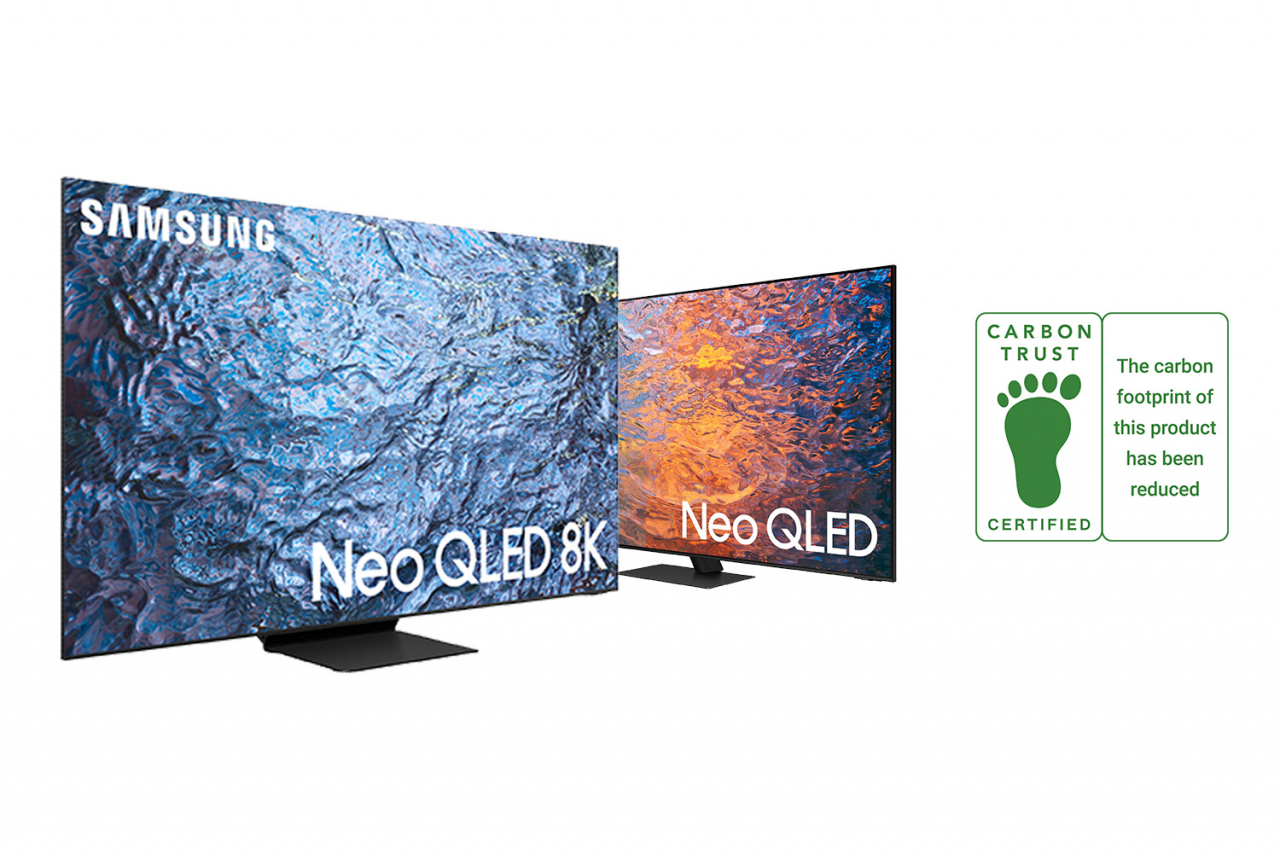 An image of Samsung Electronics' Neo QLED TVs alongside Carbon Trust's 