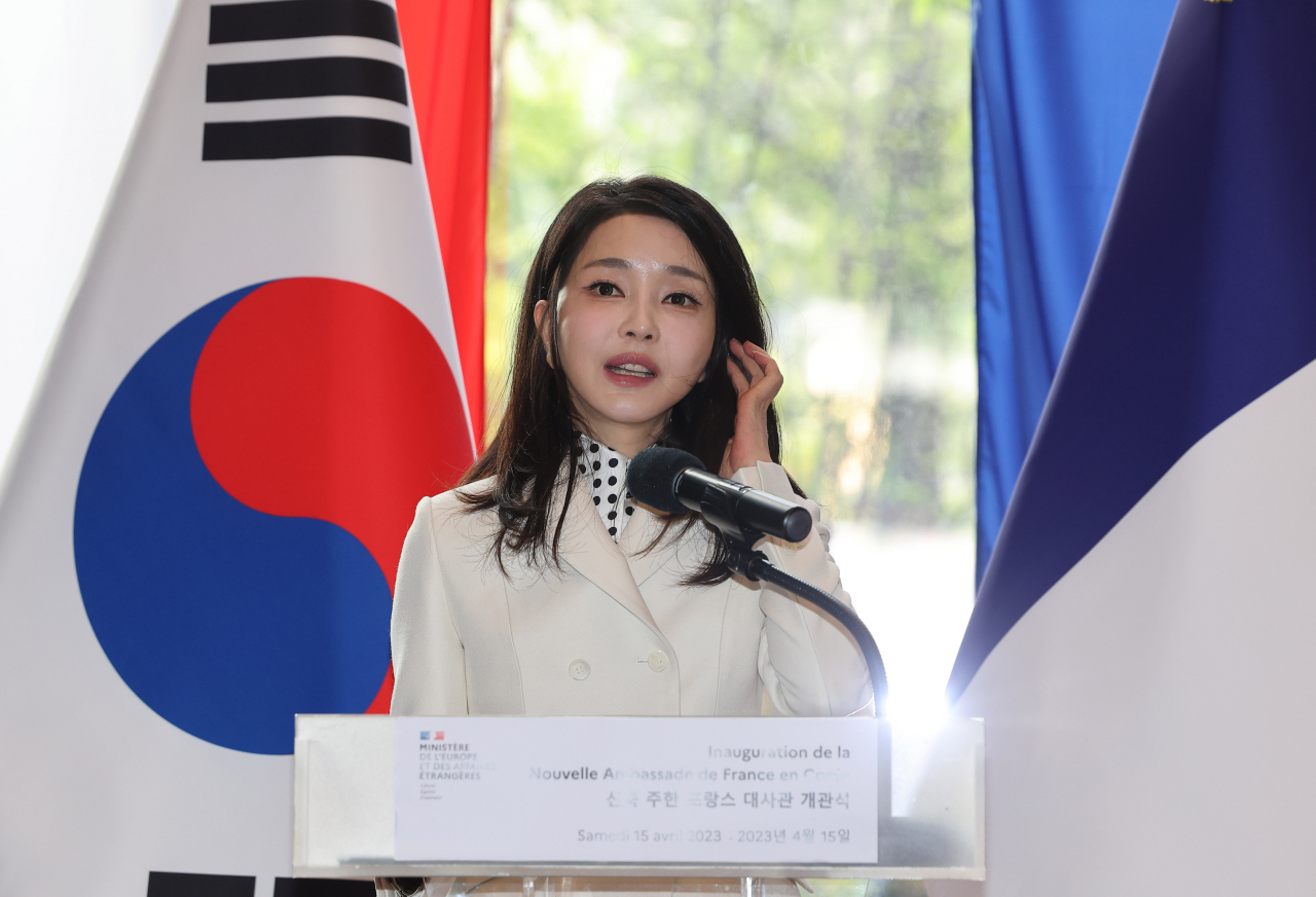 First lady Kim Keon Hee speaks during a ceremony held to mark the reopening of the French Embassy in Seoul on Saturday. (Yonhap)