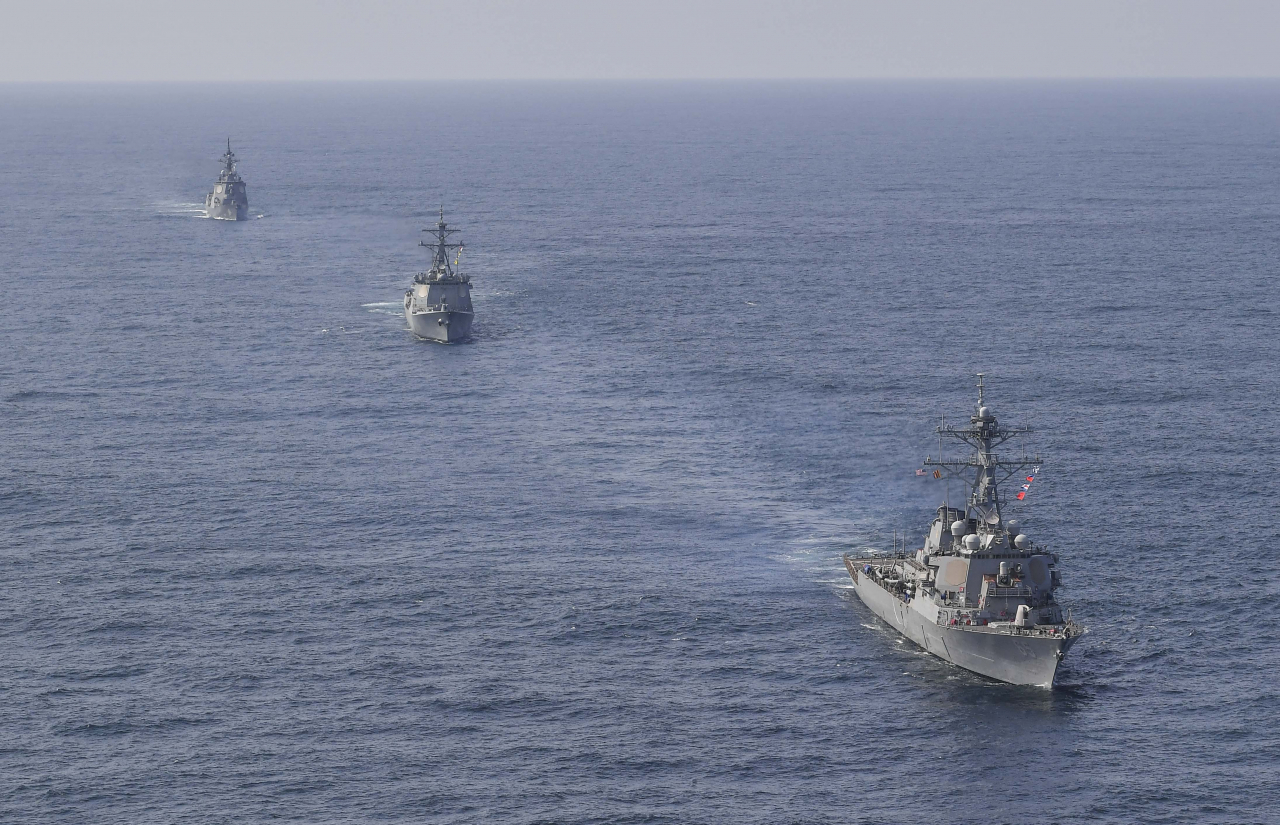 The navies of South Korea and the United States and Japan Maritime Self-Defense Force conducts a ballistic missile exercise -- which includes, detecting, tracking, and intercepting simulated targets -- in international waters of the East Sea on Monday. (Republic of Korea Navy)