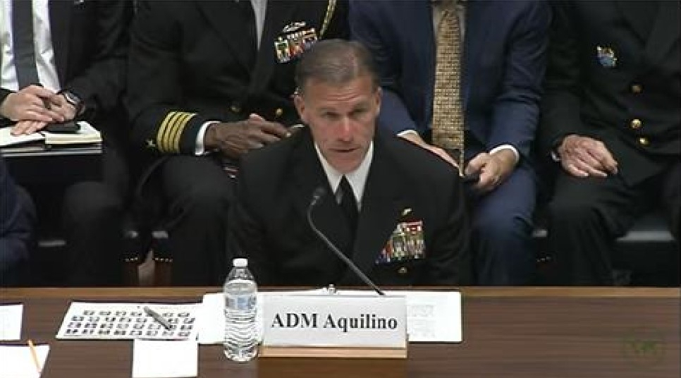 Adm. John Aquilino, commander of US Indo-Pacific Command, is seen delivering opening remarks in a House armed services committee hearing in Washington on Tuesday in this captured image. (HASC)