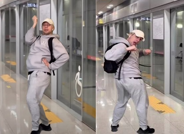 A screenshot of a video of Jonah Aki dancing to the Seoul subway jingles uploaded on his TikTok account (Courtesy of Aki)