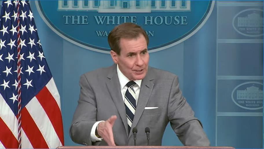 John Kirby, National Security Council coordinator for strategic communications, is seen answering questions during a press briefing at the White House in Washington on Thursday. (Yonhap)