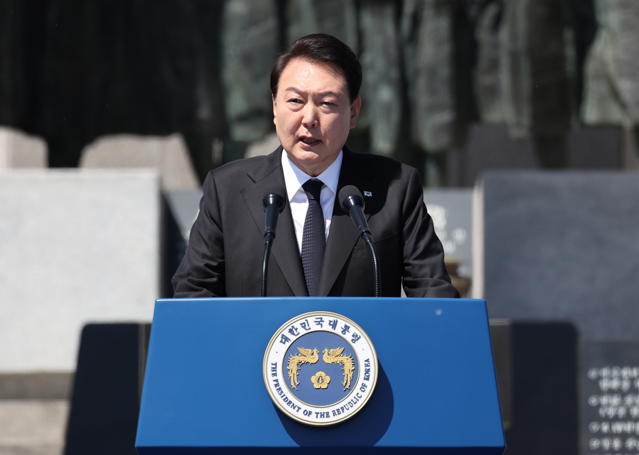 President Yoon Suk Yeol speaks during a ceremony marking the April 19 Revolution on Wednesday. (Yonhap)