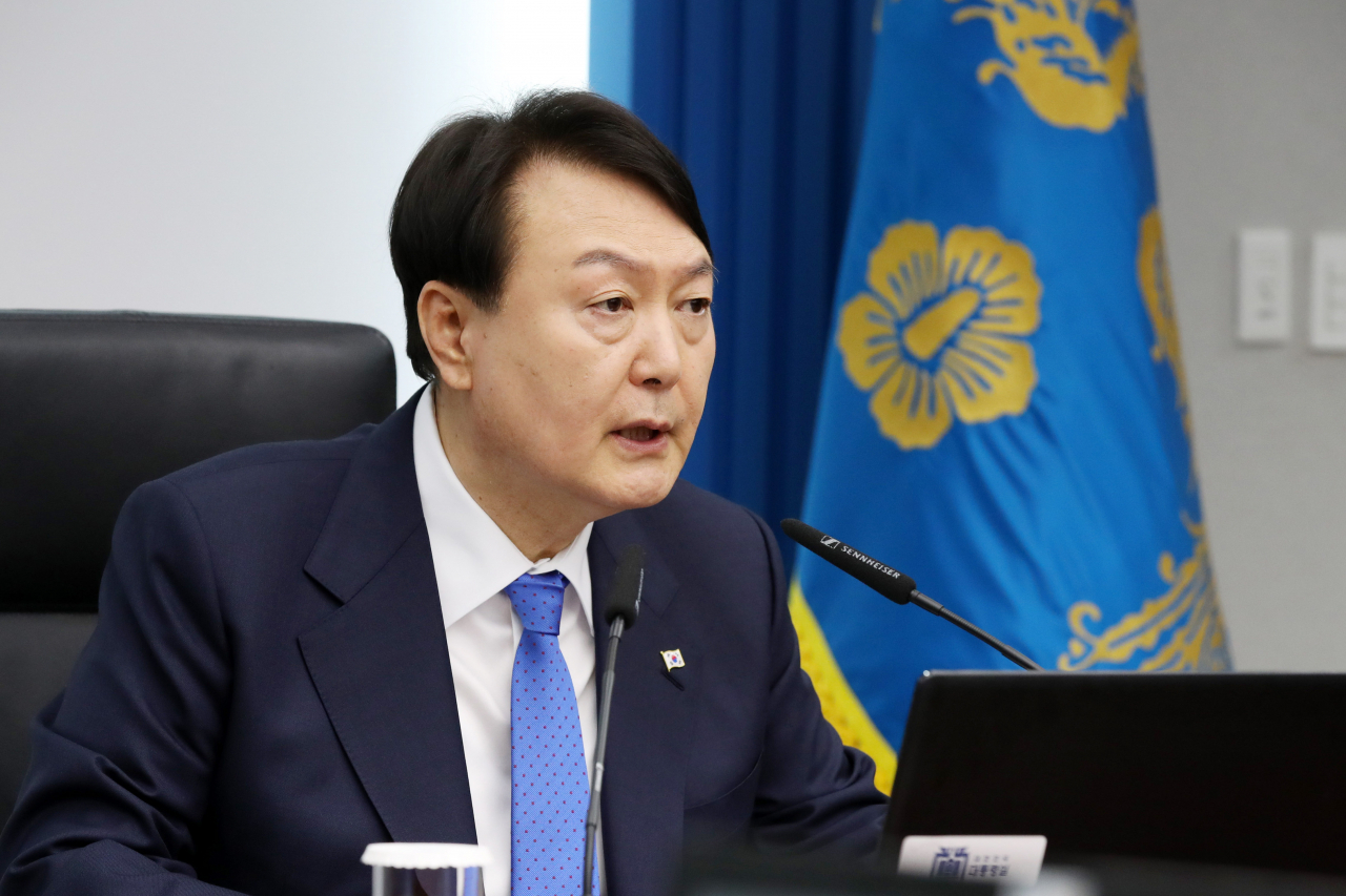 President Yoon Suk Yeol speaks during a Cabinet meeting at the presidential office in Seoul on Tuesday. (Yonhap)