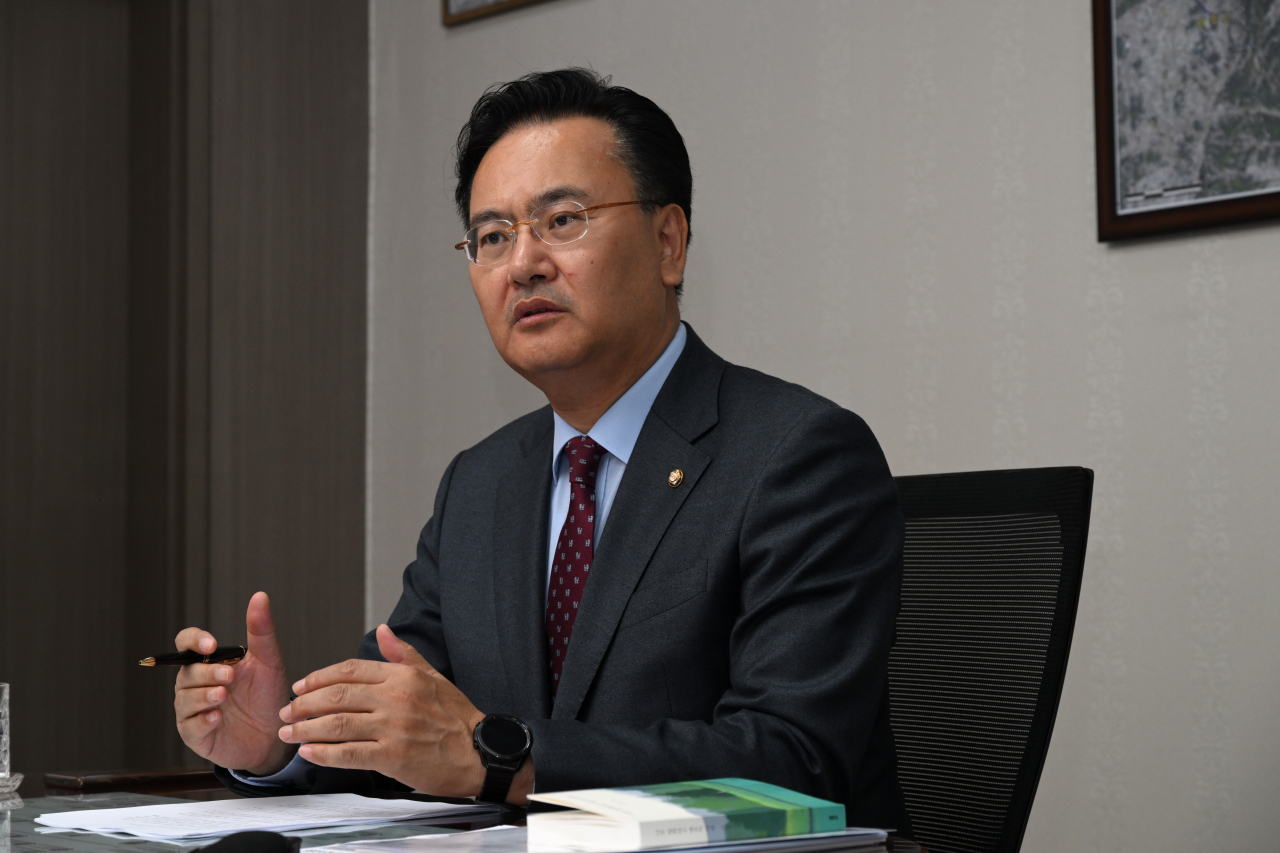 Rep. Yoo Sang-bum, executive secretary of the parliamentary intelligence committee, speaks to The Korea Herald at his office at the National Assembly in Seoul on April 18. (Im Se-jun/The Korea Herald)