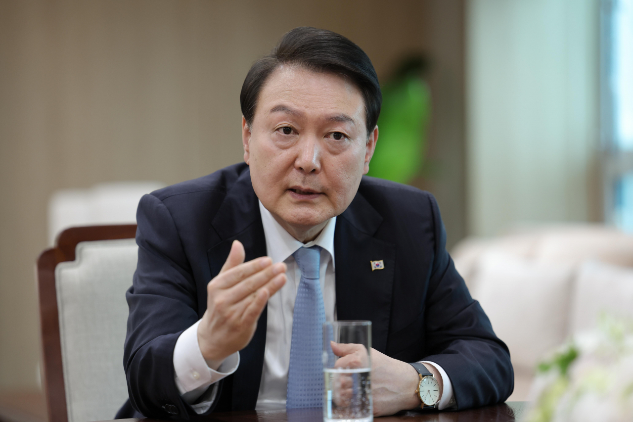 Yoon Suk Yeol speaks during an interview with The Washington Post at the presidential office in Seoul. (Yoon's office)