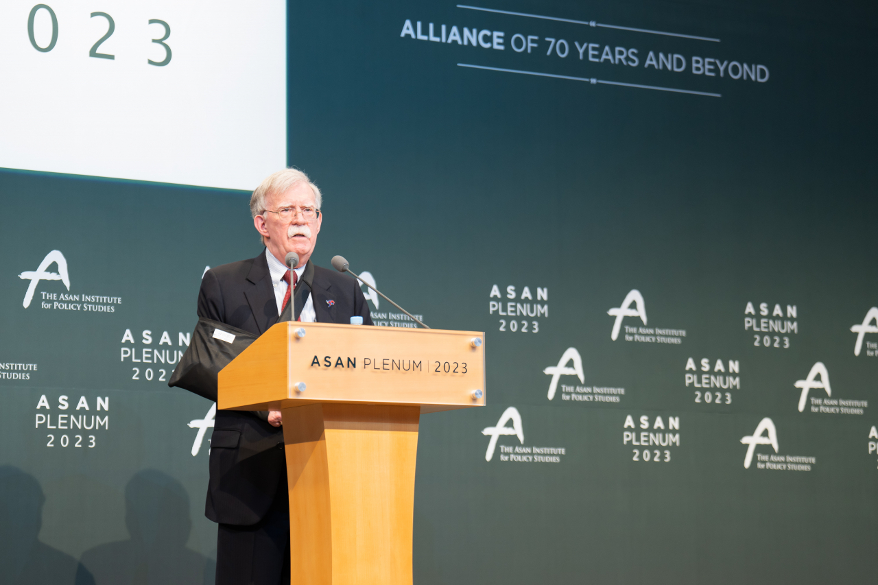 John Bolton, former White House national security adviser, speaks at the Asan Plenum 2023 hosted by the Asan Institute for Policy Studies in Seoul on Tuesday. (Asan Institute for Policy Studies)