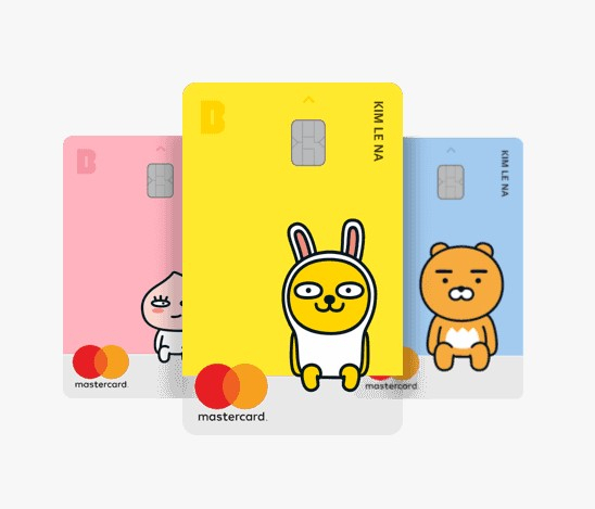 This captured image from the KakaoBank app shows debit cards which users can customize according to their preferred Kakao characters. Couples can use one of these customized cards after setting up a joint account. (KakaoBank Corp.)