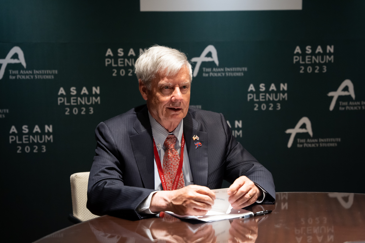 Retired four-star Gen. Walter Sharp, who served as the commander of US Forces Korea, speaks during an interview held on the sidelines of the Asan Plenum 2023 marking the 70th anniversary of the South Korea-US alliance, held at the Grand Hyatt Seoul on Tuesday. (Asan Institute for Policy Studies)