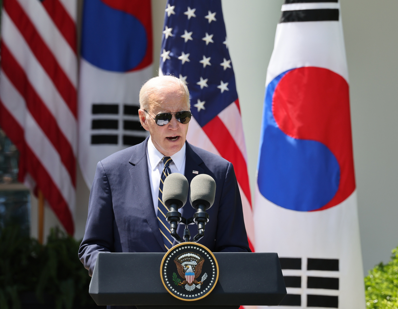 US President Joe Biden speaks at a joint news conference after their summit at the White House in Washington, D.C., Wednesday. (Yonhap)