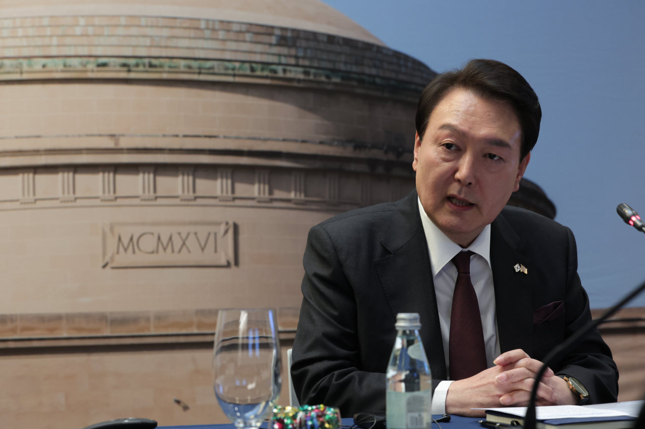 President Yoon Suk Yeol speaks during a meeting with scholars at the Massachusetts Institute of Technology in Cambridge, Massachusetts, on Friday. (Yonhap)