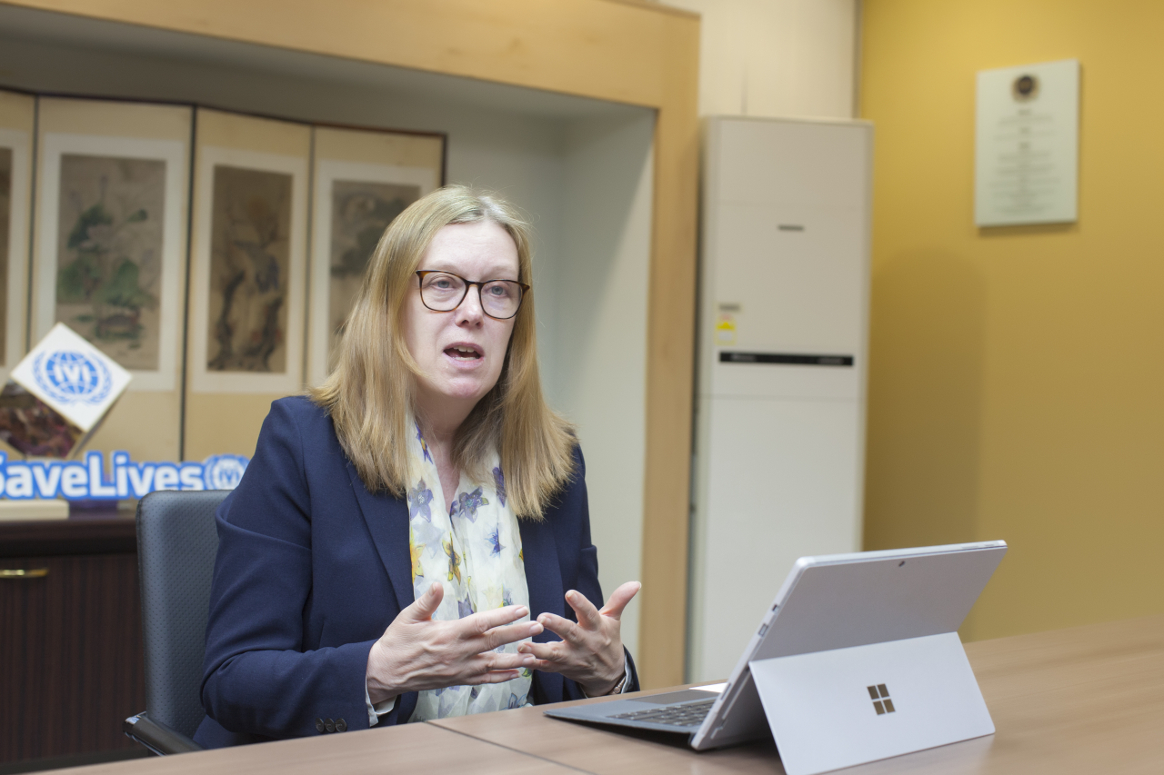Sarah Gilbert, professor of vaccinology at the University of Oxford and co-developer of the Oxford-AstraZeneca COVID-19 vaccine, speaks during an interview held at the International Vaccine Institute office in Gwanak-gu, Seoul, on April 25. (SK Bioscience)